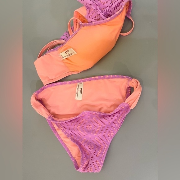 Arizona Swim Bikini Crochet Flounce Orange Purple Overlay Top Large, Bottom Med - Picture 8 of 8
